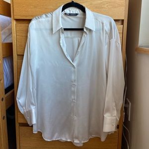 zara satin button down blouse !